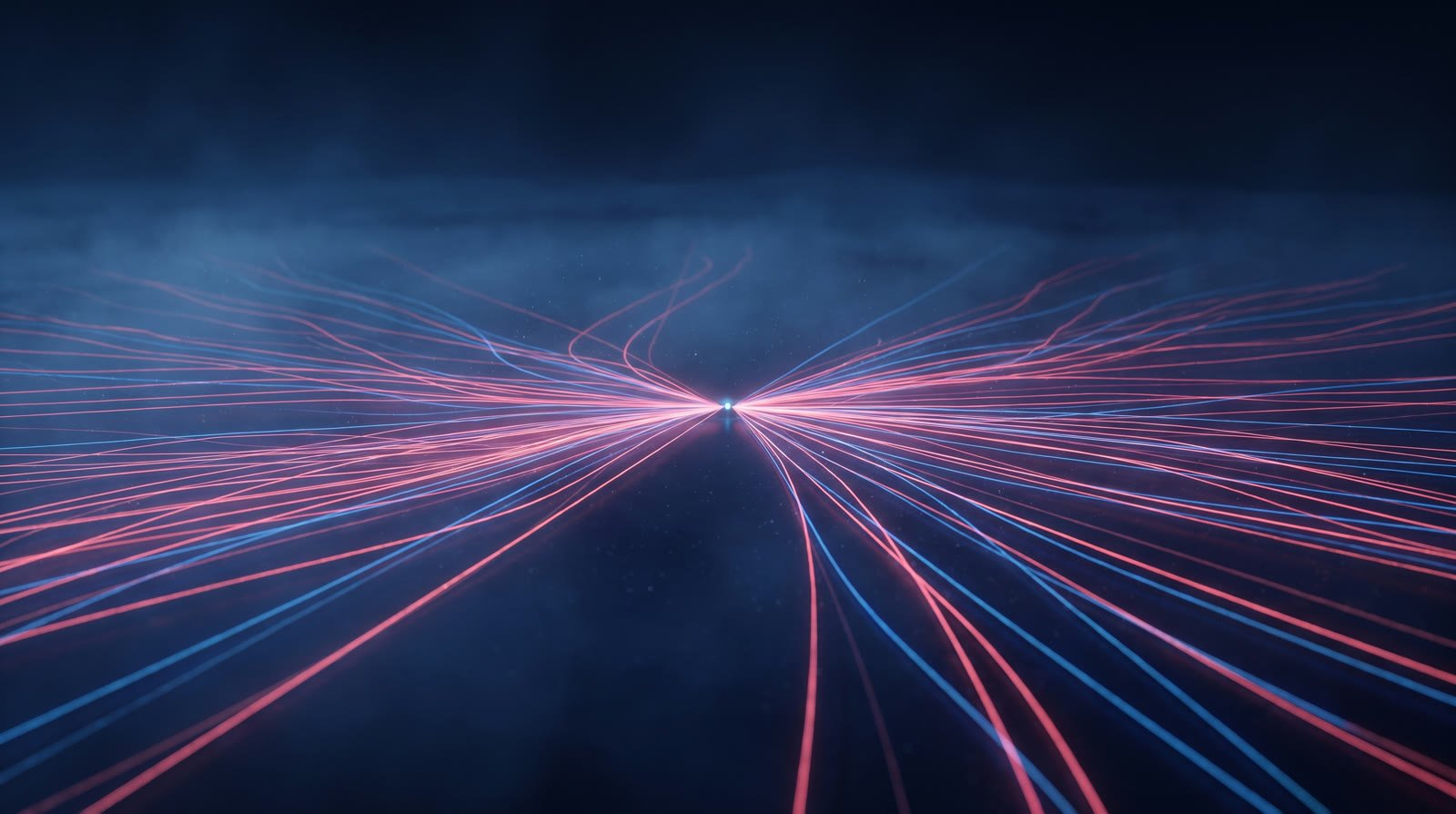 Many glowing routes converging on a single bright point